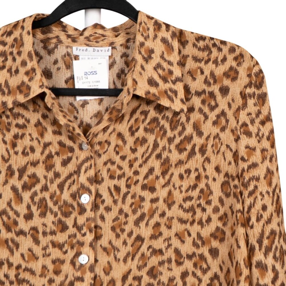 Leopard Print Button Up Shirt 14 Womens NEW Blouse Brown Boho Safari Fred David - Picture 2 of 6